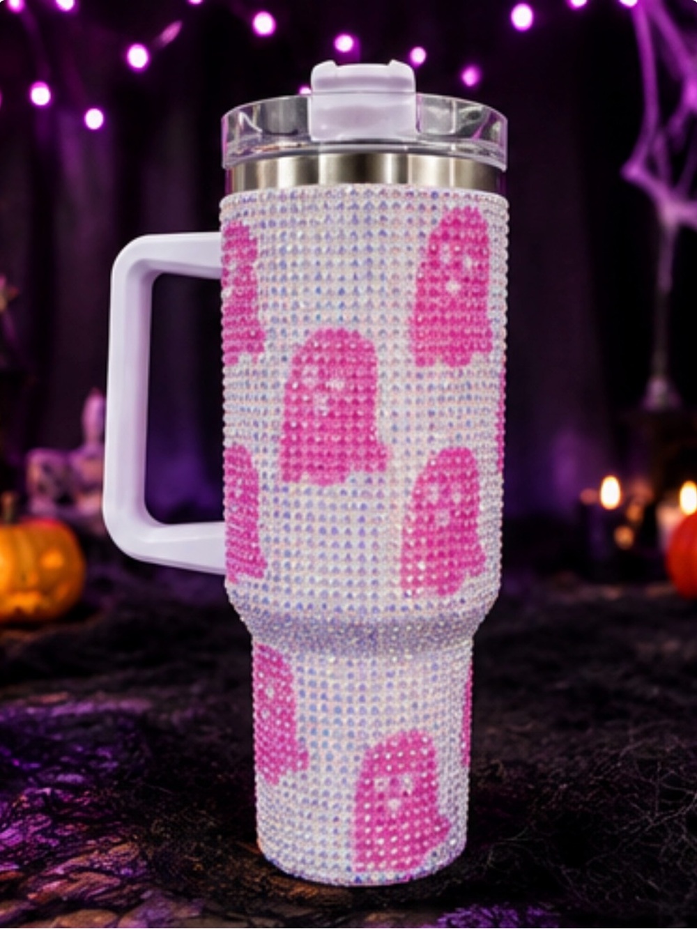 40 oz Stainless Steel Pink Ghost Bling Halloween Tumbler